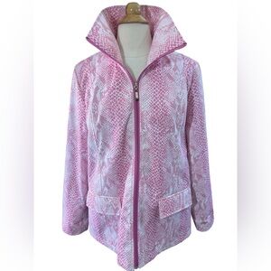 Dennis Basso Pink & White Animal Print front zip up Rain Jacket w/pockets Size L